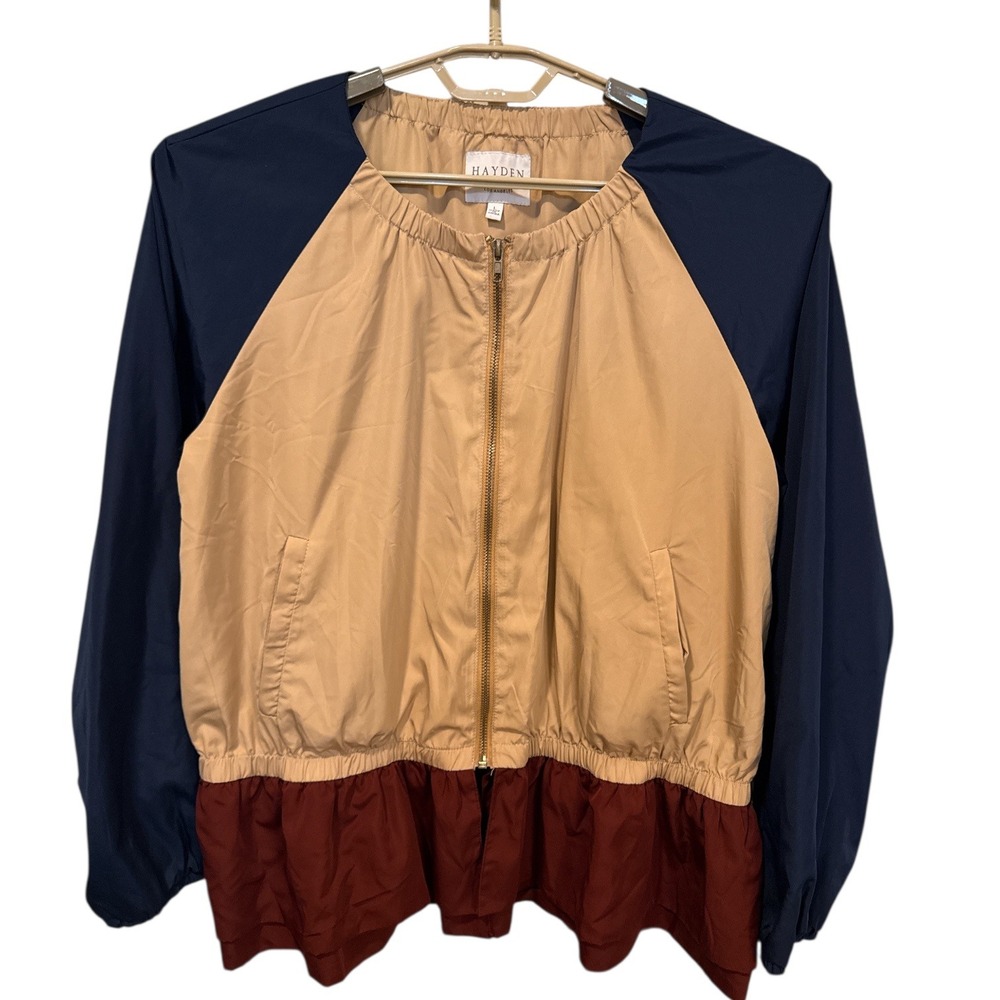 HAYDEN Colorblock Bomber‎ Jacket Size L Navy Tan Burgundy Ruffle Boho
